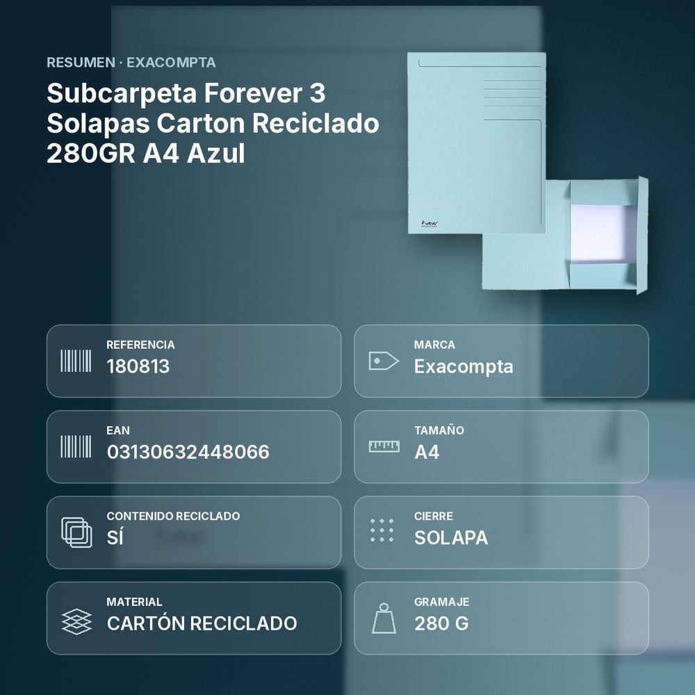 SUBCARPETA FOREVER 3 SOLAPAS CARTON RECICLADO 280GR A4 AZUL - resumen de atributos