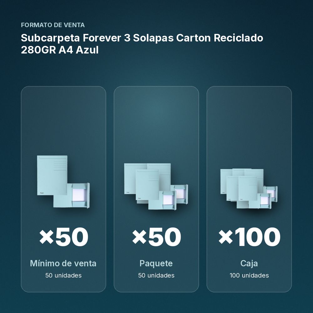 SUBCARPETA FOREVER 3 SOLAPAS CARTON RECICLADO 280GR A4 AZUL - formato de venta: paquete de 50, caja de 100