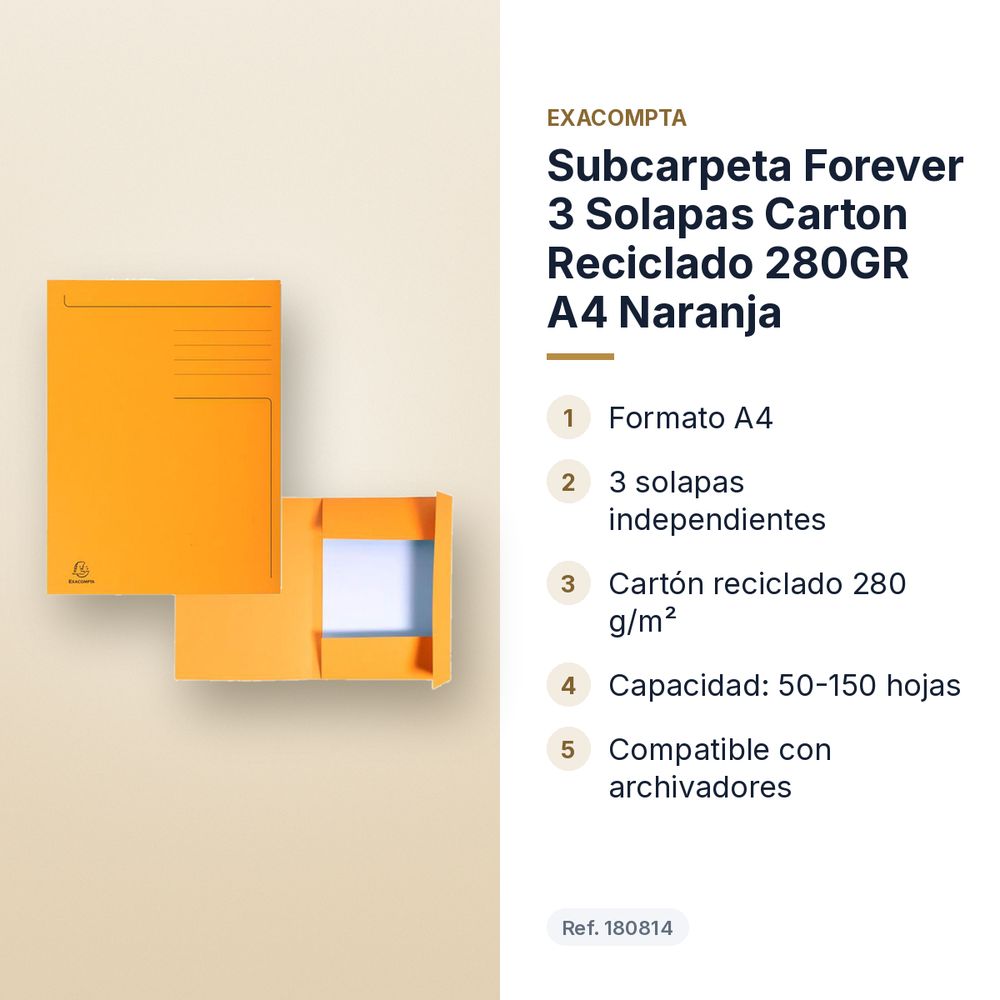 SUBCARPETA FOREVER 3 SOLAPAS CARTON RECICLADO 280GR A4 NARANJA - características principales