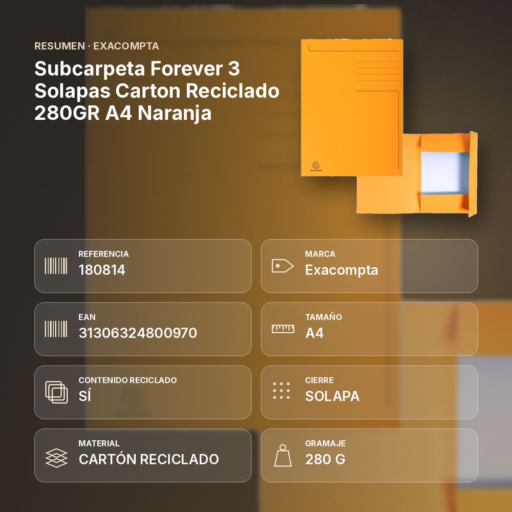 SUBCARPETA FOREVER 3 SOLAPAS CARTON RECICLADO 280GR A4 NARANJA - resumen de atributos