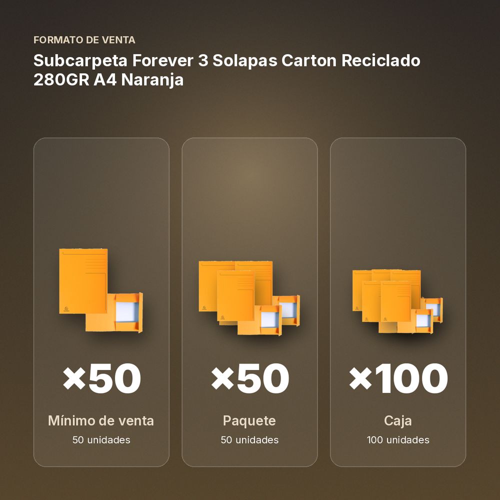 SUBCARPETA FOREVER 3 SOLAPAS CARTON RECICLADO 280GR A4 NARANJA - formato de venta: paquete de 50, caja de 100