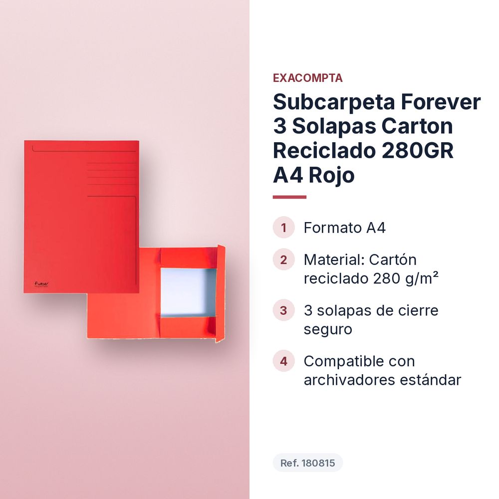 SUBCARPETA FOREVER 3 SOLAPAS CARTON RECICLADO 280GR A4 ROJO - características principales
