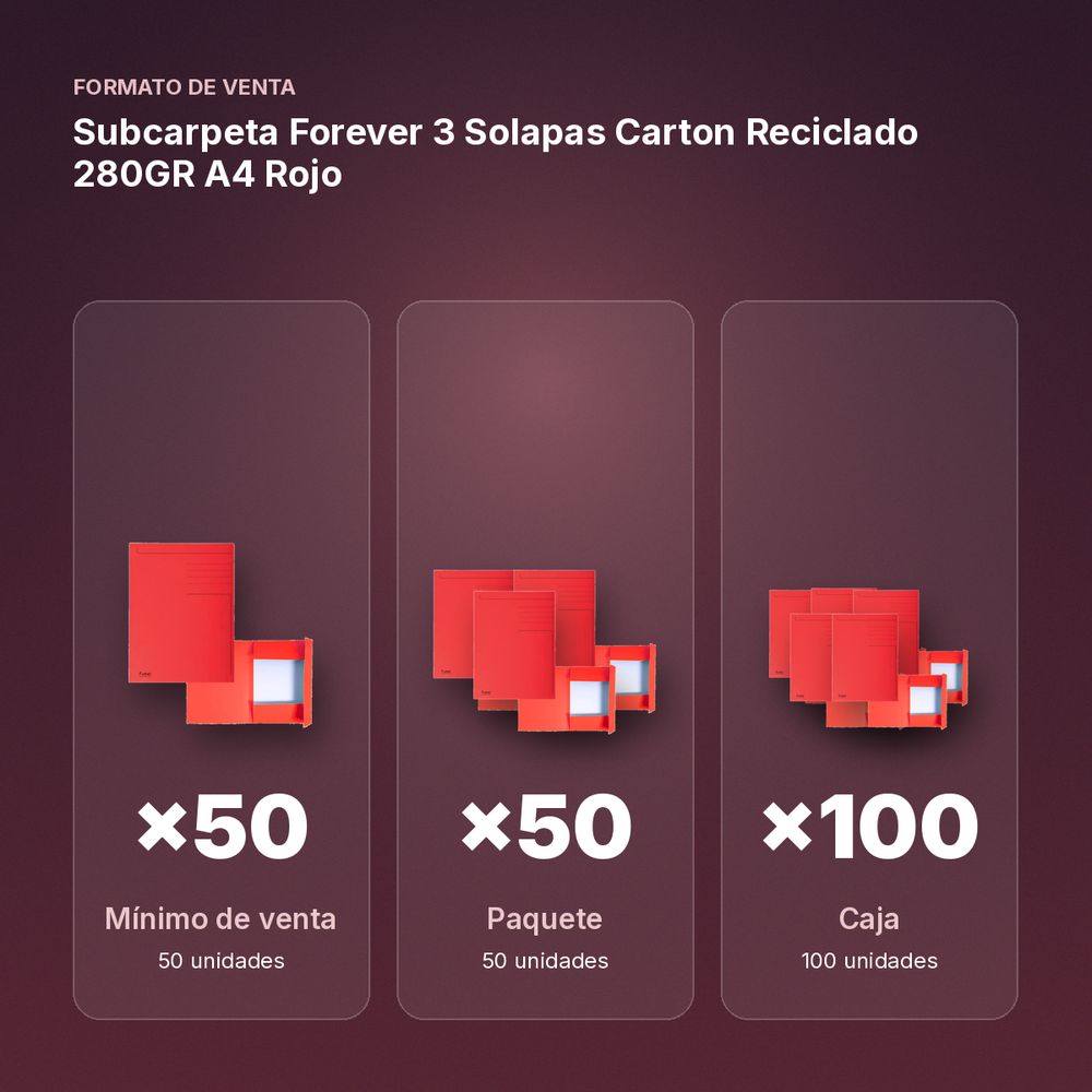 SUBCARPETA FOREVER 3 SOLAPAS CARTON RECICLADO 280GR A4 ROJO - formato de venta: paquete de 50, caja de 100