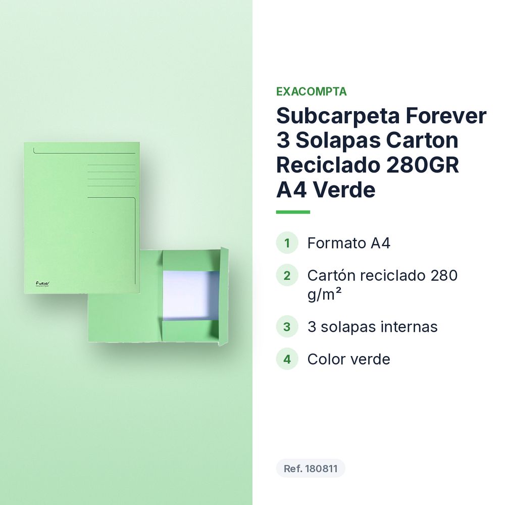 SUBCARPETA FOREVER 3 SOLAPAS CARTON RECICLADO 280GR A4 VERDE - características principales