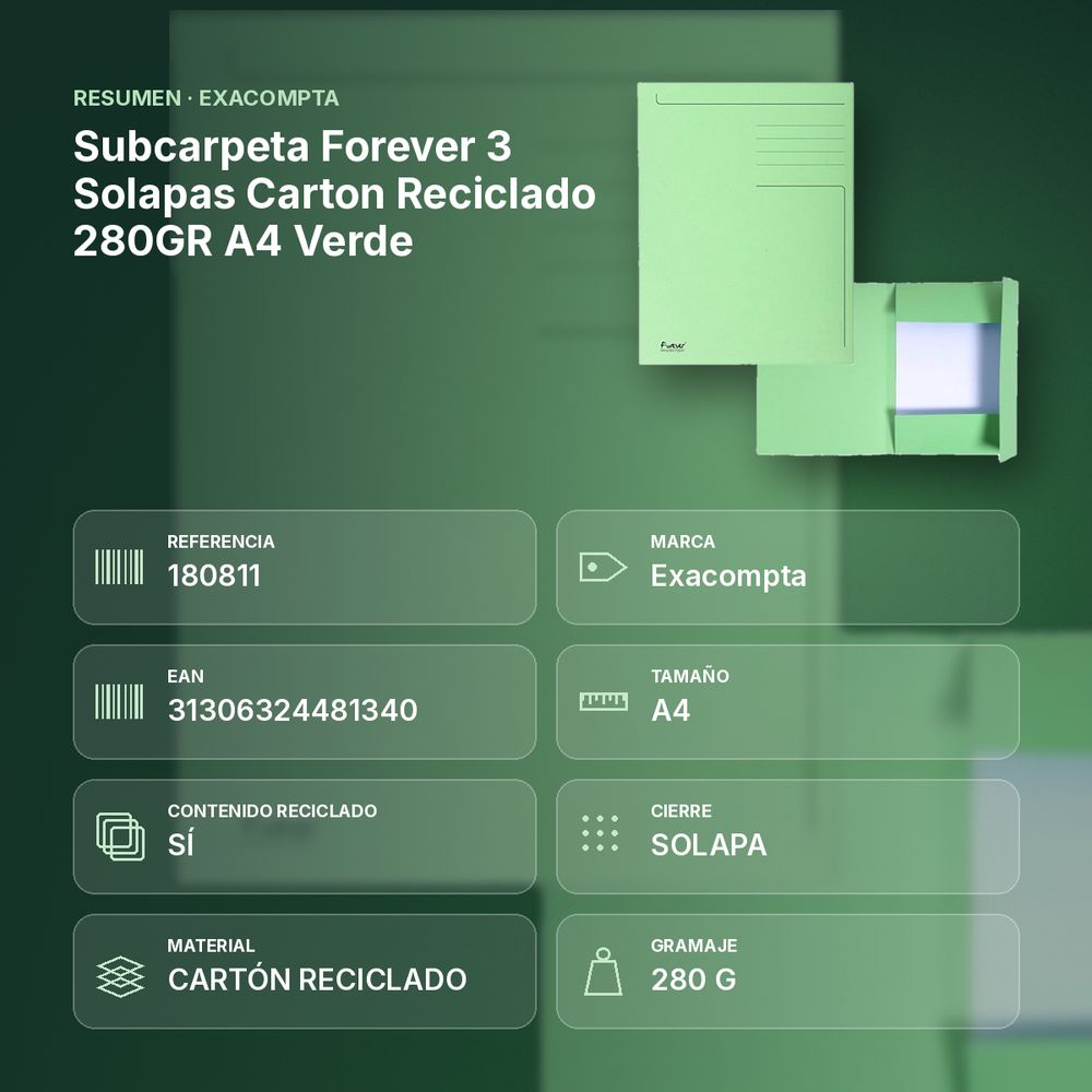 SUBCARPETA FOREVER 3 SOLAPAS CARTON RECICLADO 280GR A4 VERDE - resumen de atributos