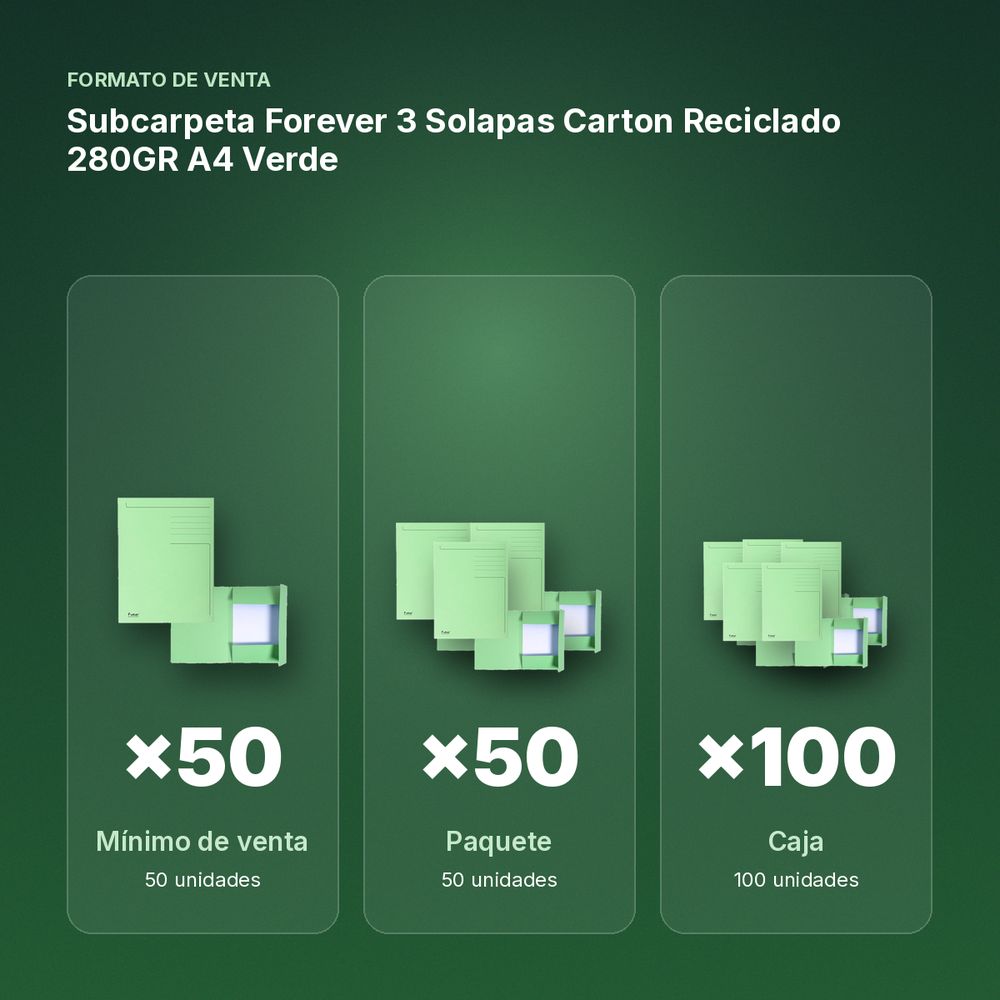SUBCARPETA FOREVER 3 SOLAPAS CARTON RECICLADO 280GR A4 VERDE - formato de venta: paquete de 50, caja de 100