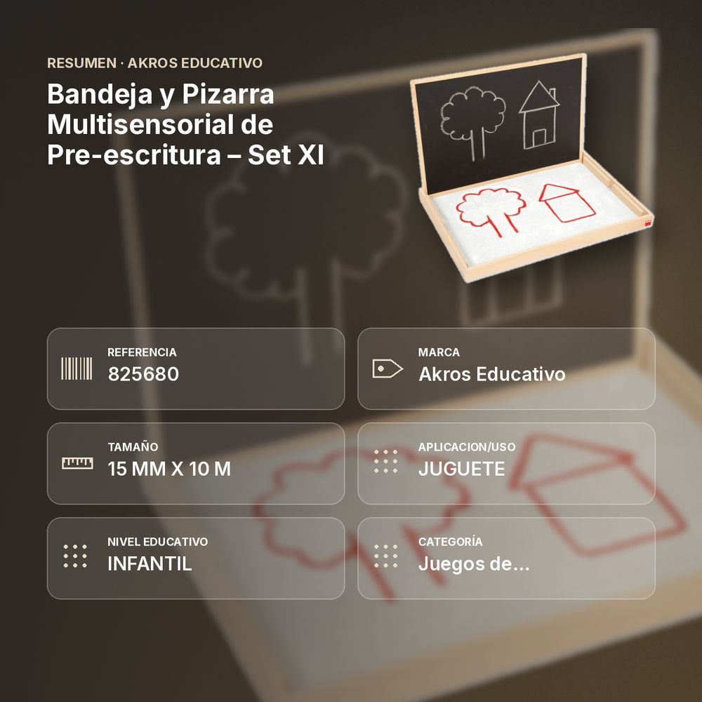 BANDEJA Y PIZARRA MULTISENSORIAL DE PRE-ESCRITURA – SET XL - resumen de atributos