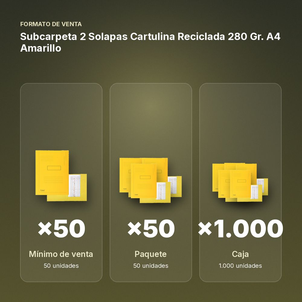 SUBCARPETA 2 SOLAPAS CARTULINA RECICLADA 280 GR. A4 AMARILLO - formato de venta: paquete de 50, caja de 1000