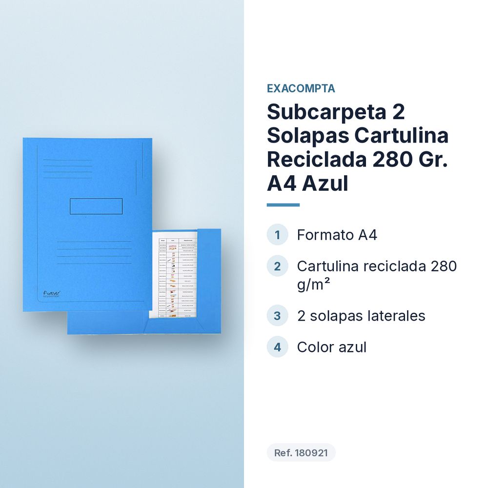 SUBCARPETA 2 SOLAPAS CARTULINA RECICLADA 280 GR. A4 AZUL - características principales