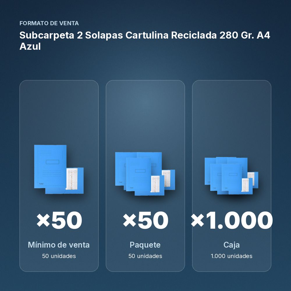 SUBCARPETA 2 SOLAPAS CARTULINA RECICLADA 280 GR. A4 AZUL - formato de venta: paquete de 50, caja de 1000