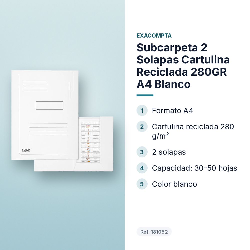 SUBCARPETA 2 SOLAPAS CARTULINA RECICLADA 280GR A4 BLANCO - características principales