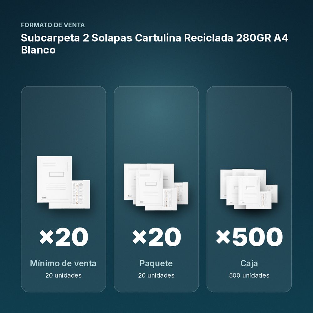 SUBCARPETA 2 SOLAPAS CARTULINA RECICLADA 280GR A4 BLANCO - formato de venta: paquete de 20, caja de 500