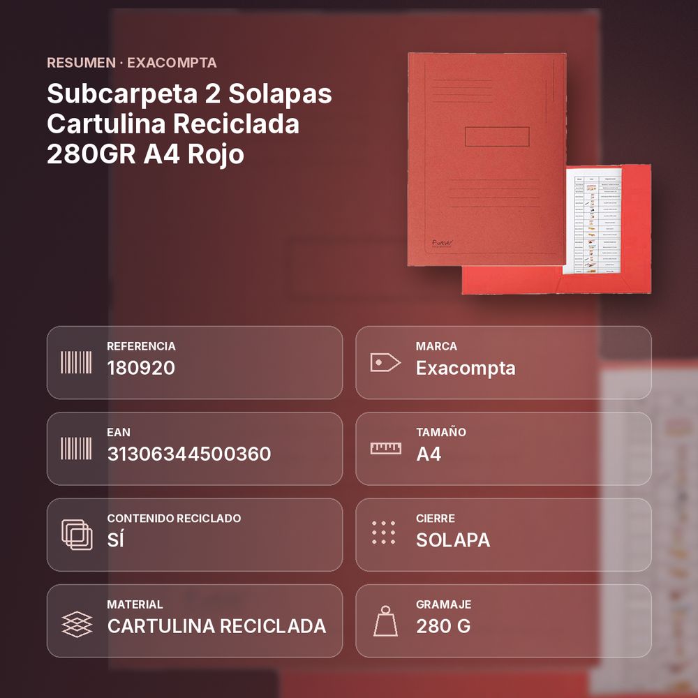 SUBCARPETA 2 SOLAPAS CARTULINA RECICLADA 280GR A4 ROJO - resumen de atributos