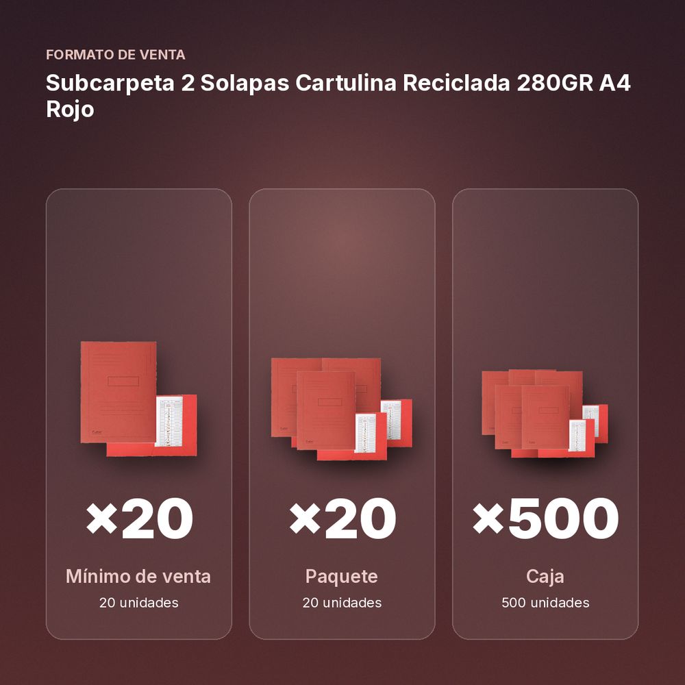SUBCARPETA 2 SOLAPAS CARTULINA RECICLADA 280GR A4 ROJO - formato de venta: paquete de 20, caja de 500