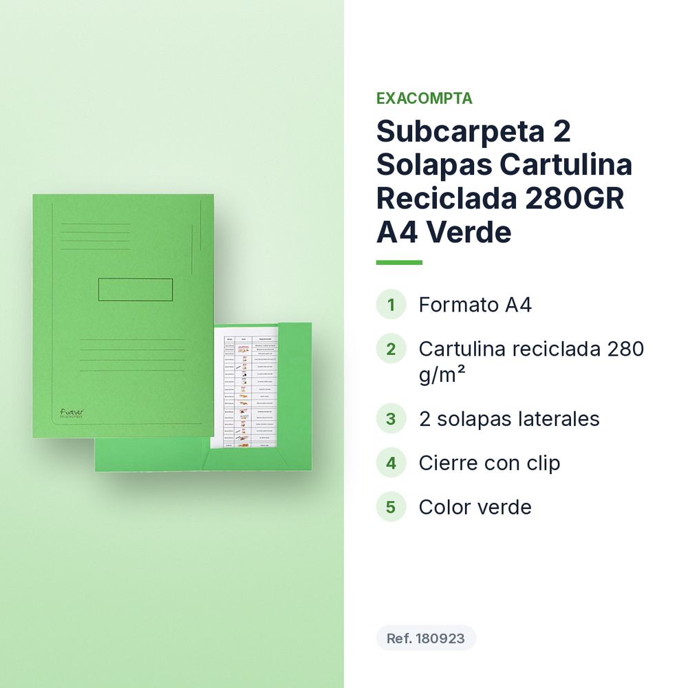 SUBCARPETA 2 SOLAPAS CARTULINA RECICLADA 280GR A4 VERDE - características principales
