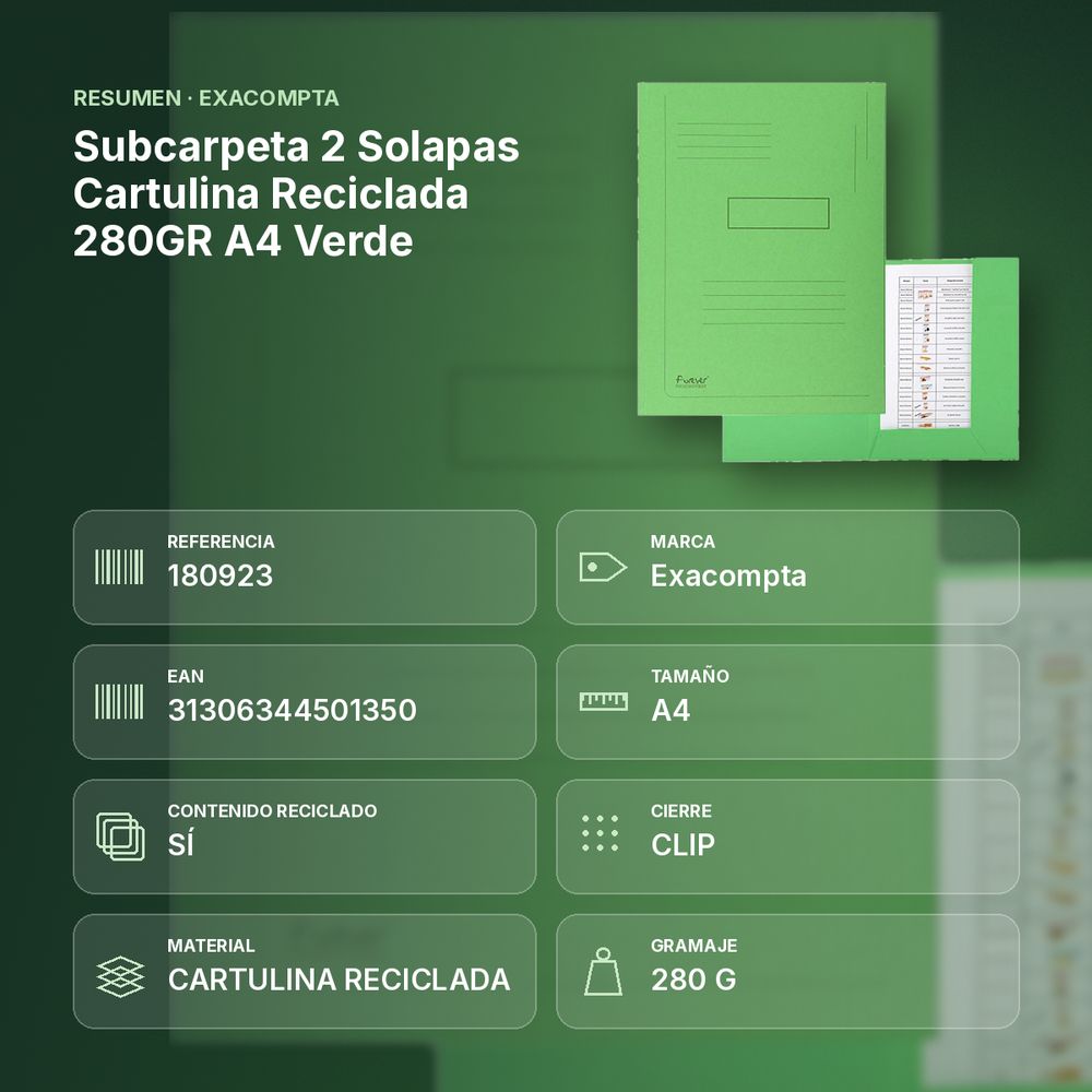 SUBCARPETA 2 SOLAPAS CARTULINA RECICLADA 280GR A4 VERDE - resumen de atributos