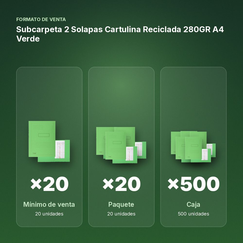 SUBCARPETA 2 SOLAPAS CARTULINA RECICLADA 280GR A4 VERDE - formato de venta: paquete de 20, caja de 500