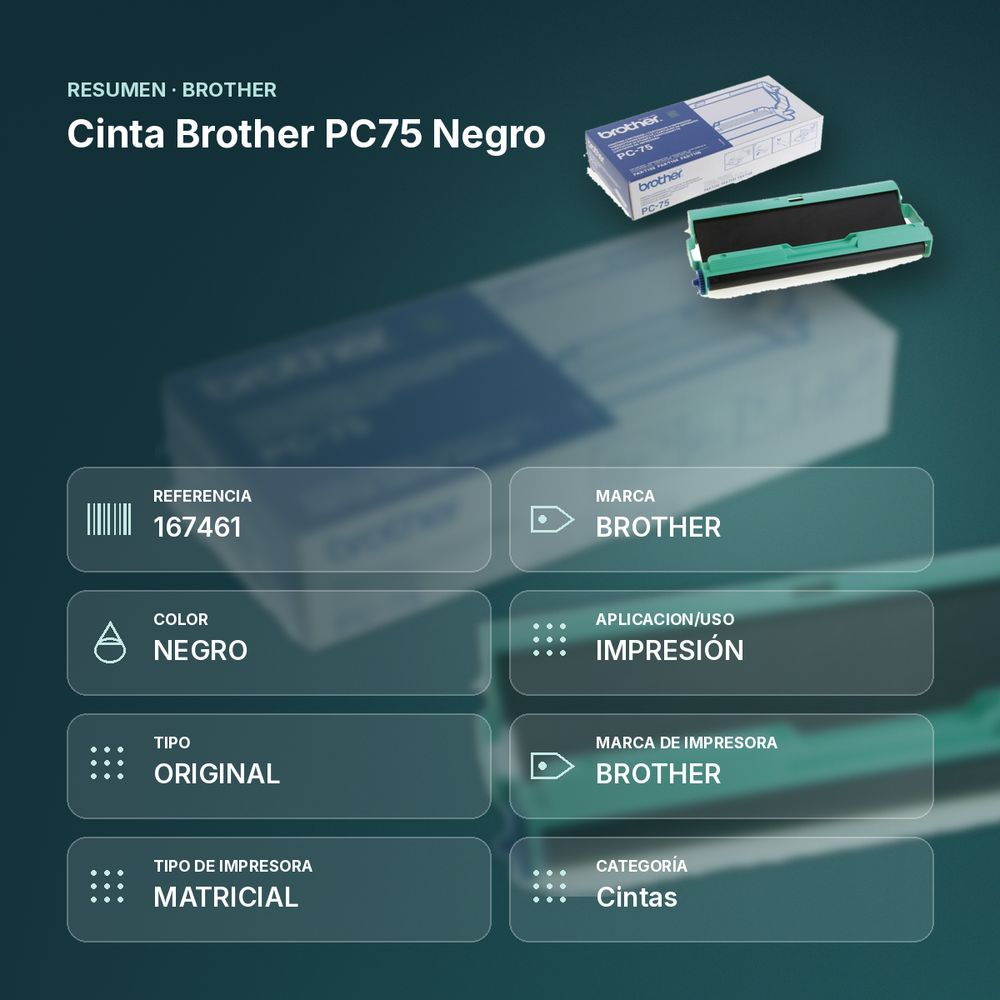CINTA BROTHER PC75 NEGRO - resumen de atributos