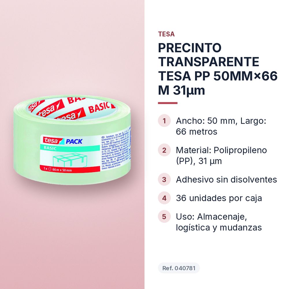 PRECINTO TRANSPARENTE TESA PP 50MM×66 M 31µm  - características principales