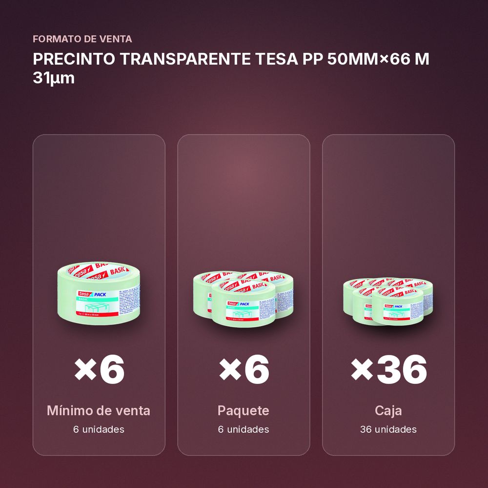 PRECINTO TRANSPARENTE TESA PP 50MM×66 M 31µm  - formato de venta: paquete de 6, caja de 36