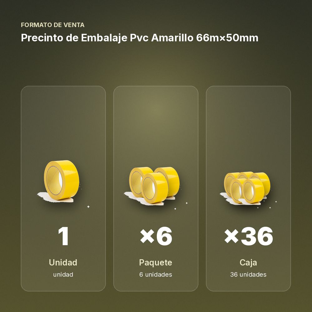 PRECINTO DE EMBALAJE PVC AMARILLO 66M×50MM - formato de venta: paquete de 6, caja de 36