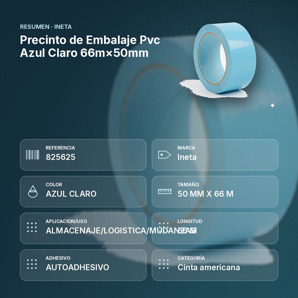 PRECINTO DE EMBALAJE PVC AZUL CLARO 66M×50MM - resumen de atributos