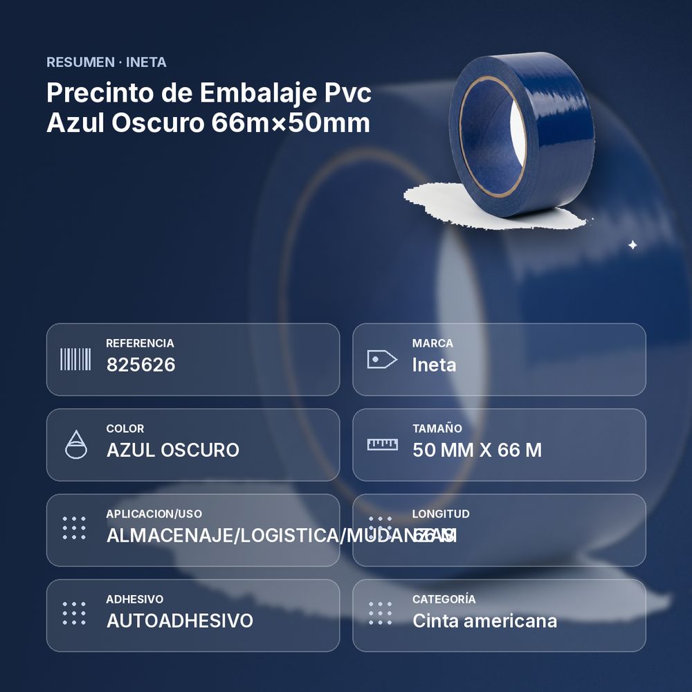 PRECINTO DE EMBALAJE PVC AZUL OSCURO 66M×50MM - resumen de atributos