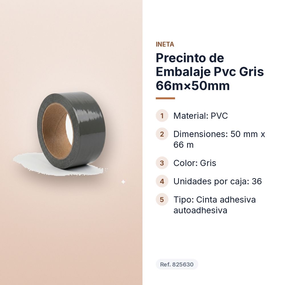 PRECINTO DE EMBALAJE PVC GRIS 66M×50MM - características principales