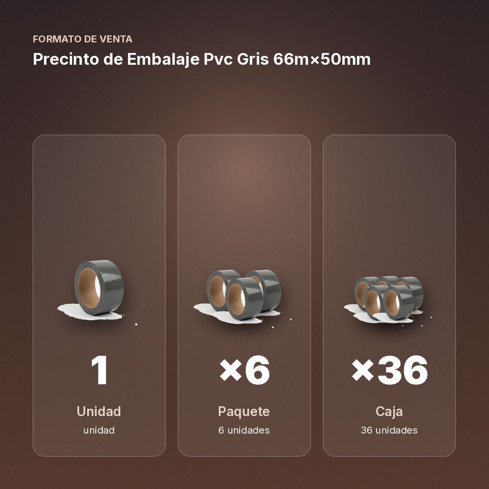 PRECINTO DE EMBALAJE PVC GRIS 66M×50MM - formato de venta: paquete de 6, caja de 36