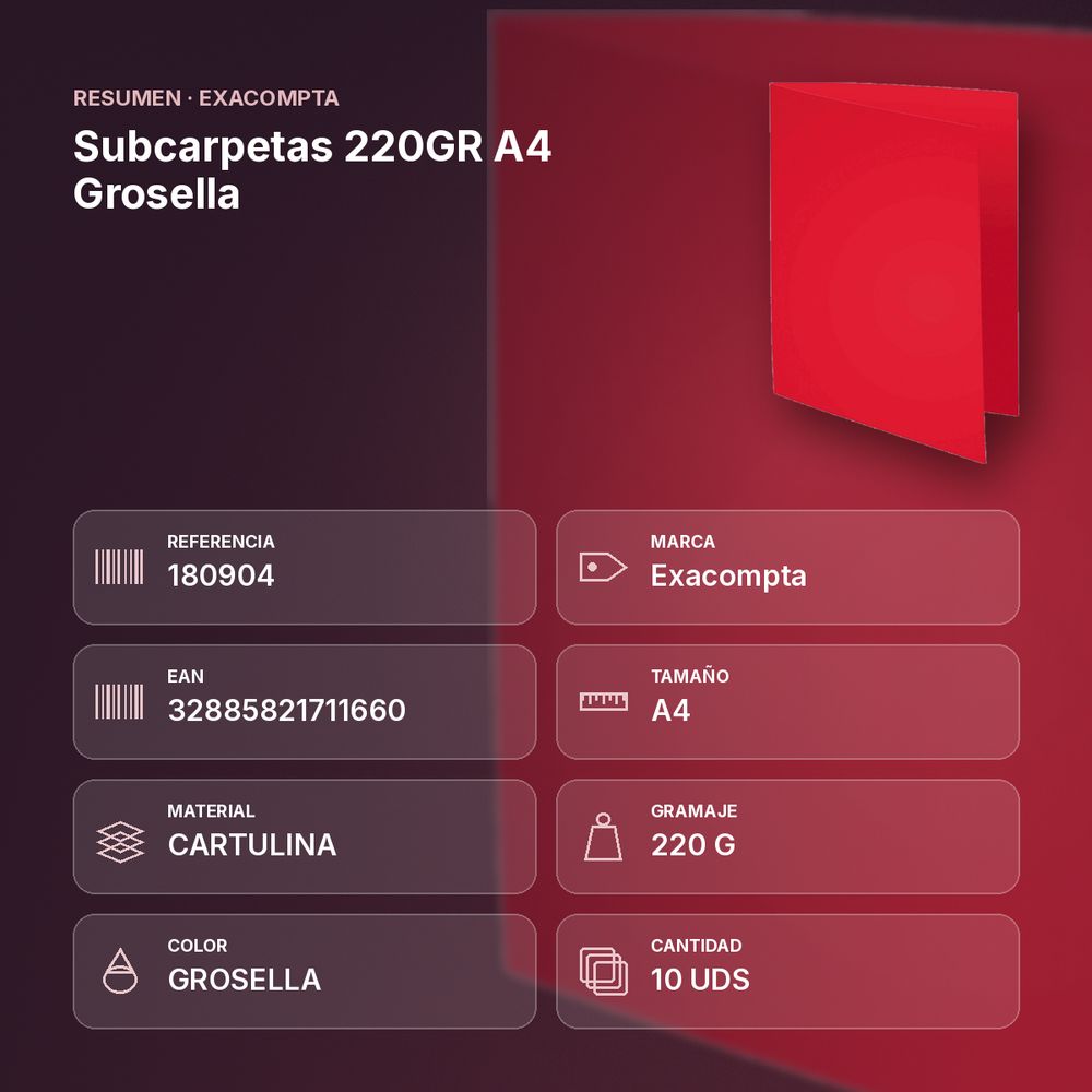 SUBCARPETAS 220GR A4 GROSELLA - resumen de atributos