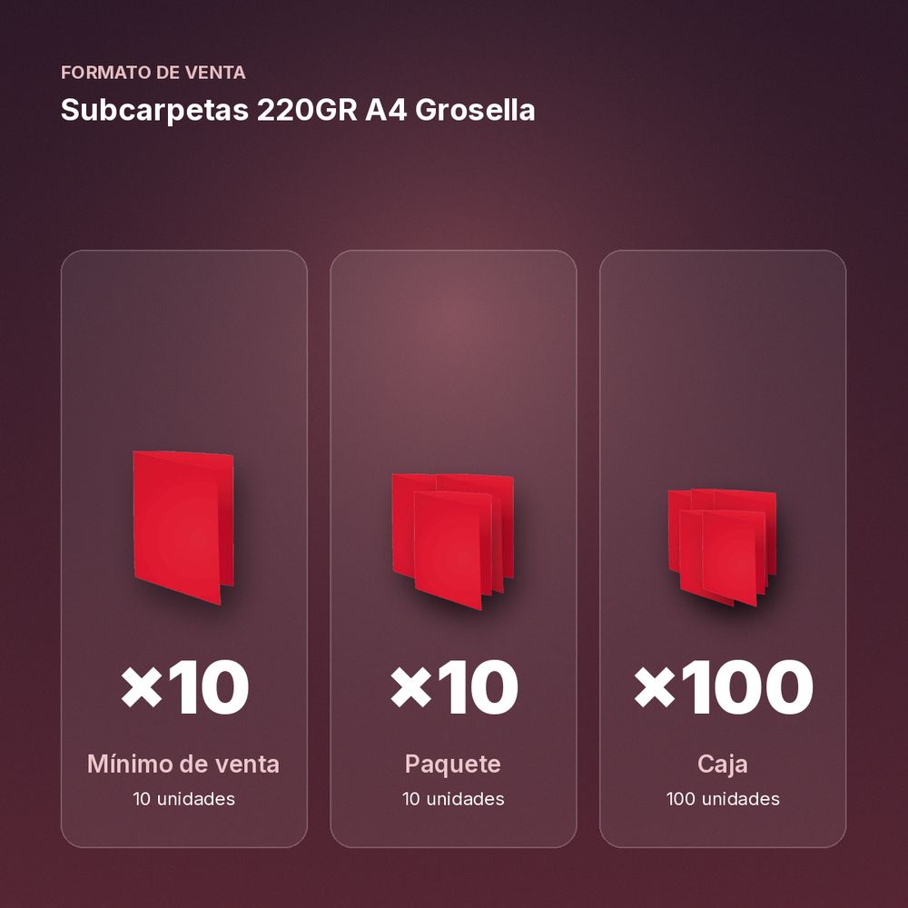 SUBCARPETAS 220GR A4 GROSELLA - formato de venta: paquete de 10, caja de 100