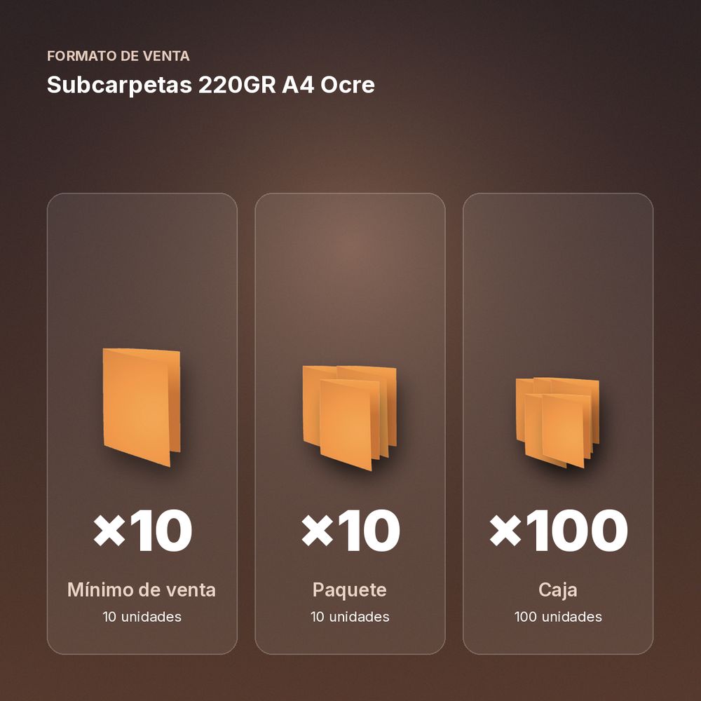 SUBCARPETAS 220GR A4 OCRE - formato de venta: paquete de 10, caja de 100