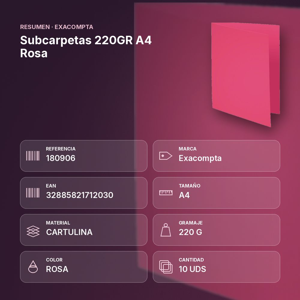 SUBCARPETAS 220GR A4 ROSA - resumen de atributos