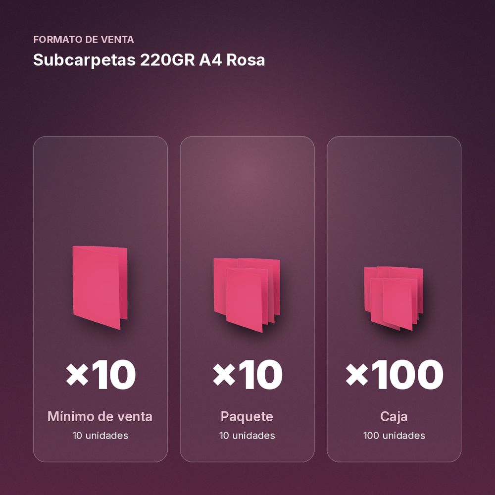 SUBCARPETAS 220GR A4 ROSA - formato de venta: paquete de 10, caja de 100
