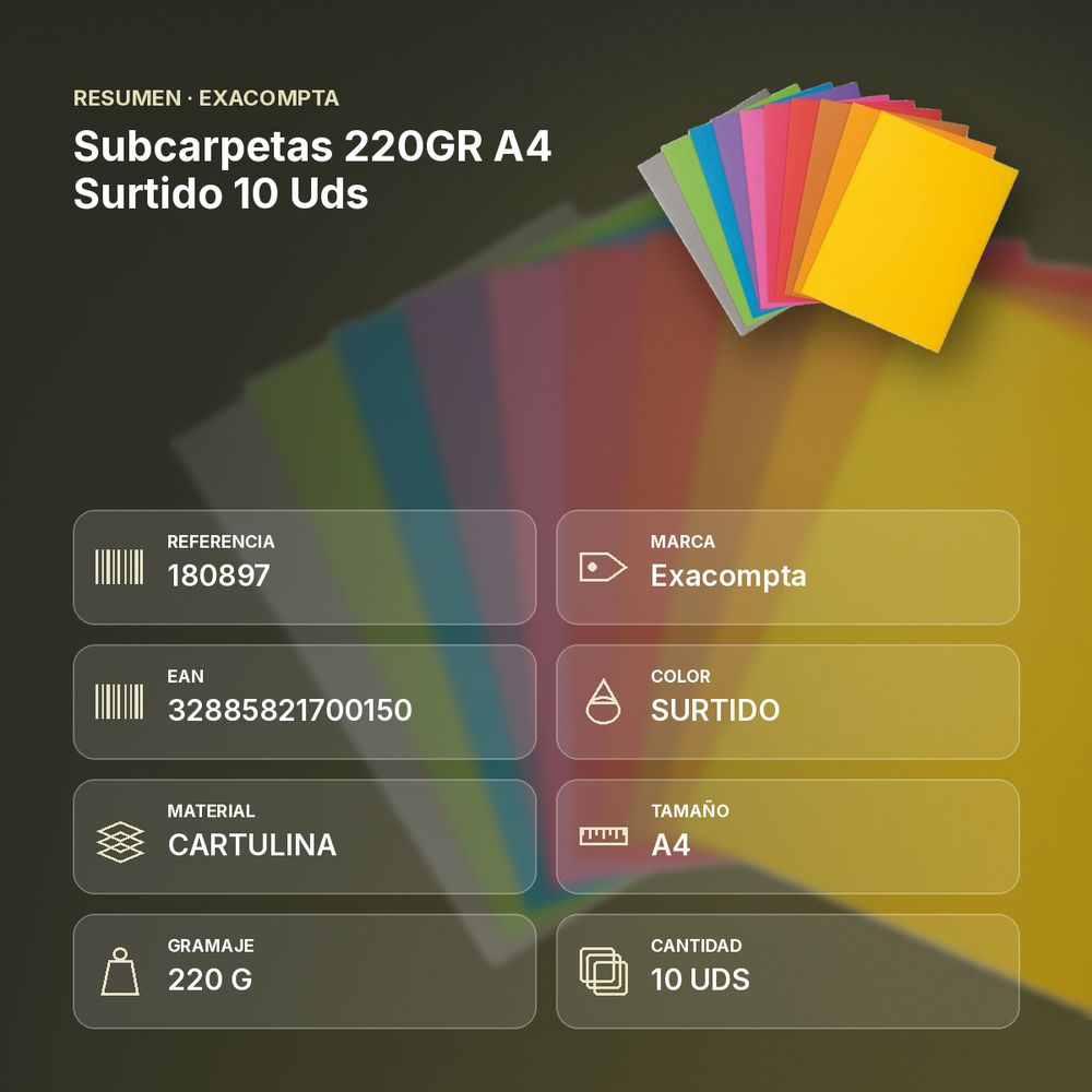 SUBCARPETAS 220GR A4 SURTIDO 10 UDS - resumen de atributos