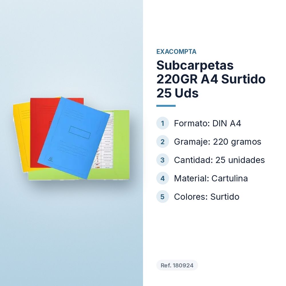 SUBCARPETAS 220GR A4 SURTIDO 25 UDS - características principales