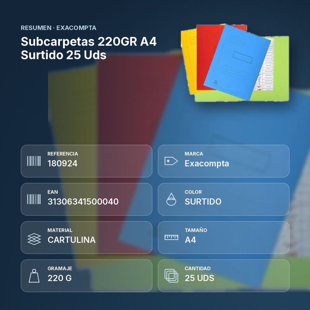 SUBCARPETAS 220GR A4 SURTIDO 25 UDS - resumen de atributos