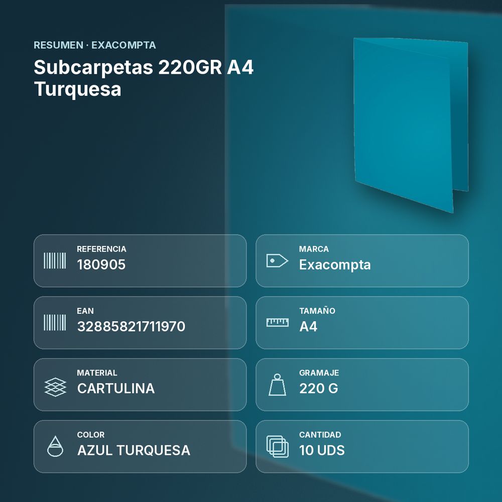 SUBCARPETAS 220GR A4 TURQUESA - resumen de atributos