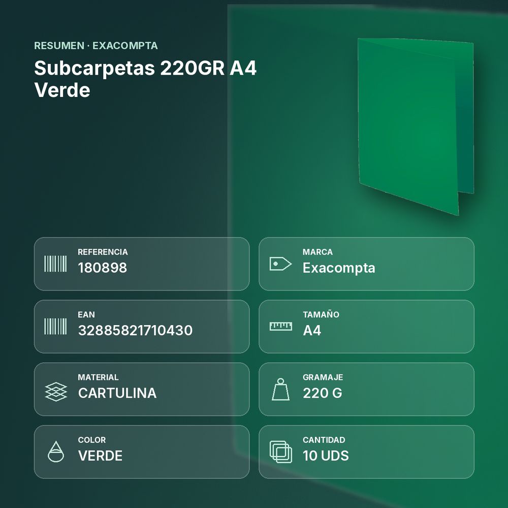 SUBCARPETAS 220GR A4 VERDE - resumen de atributos