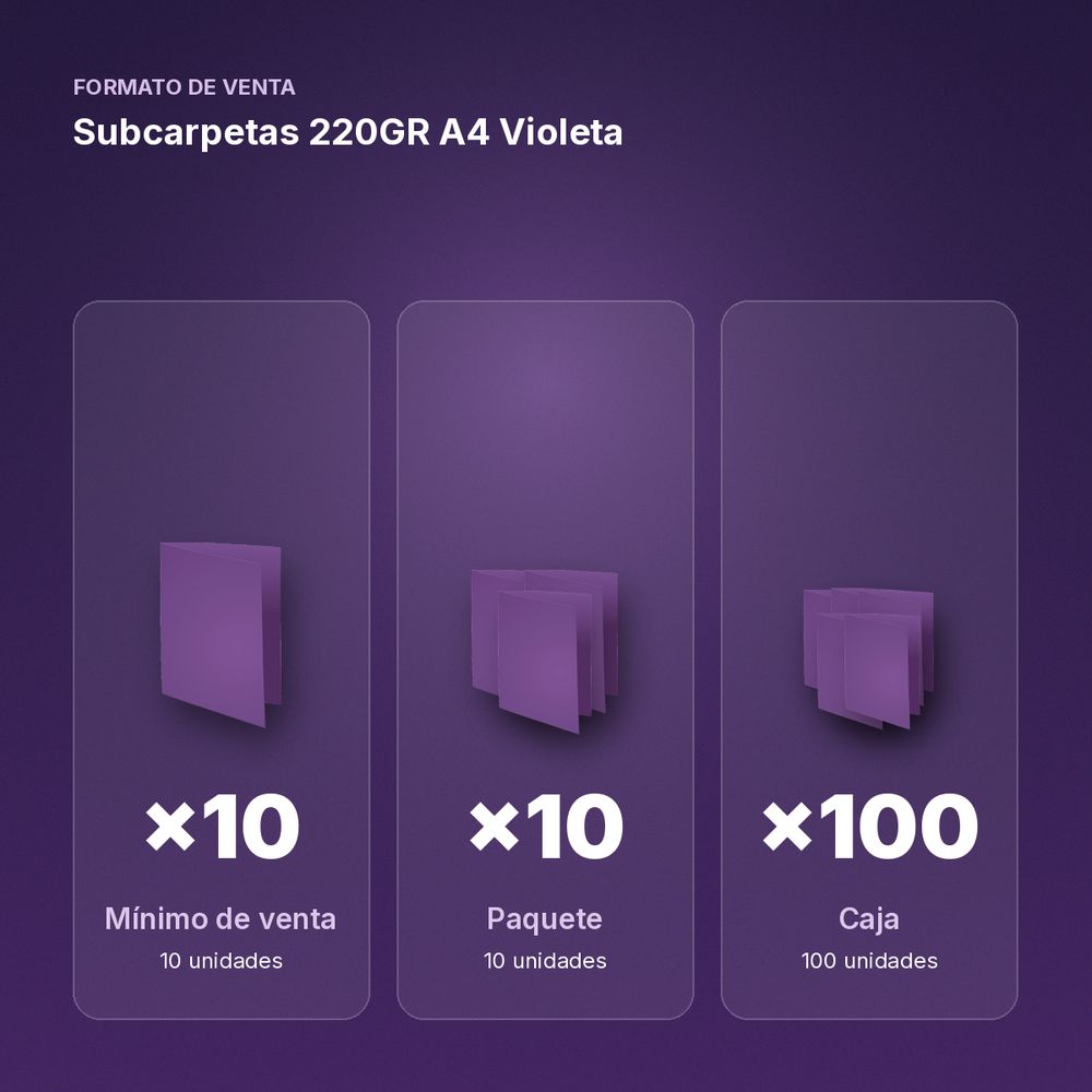 SUBCARPETAS 220GR A4 VIOLETA - formato de venta: paquete de 10, caja de 100