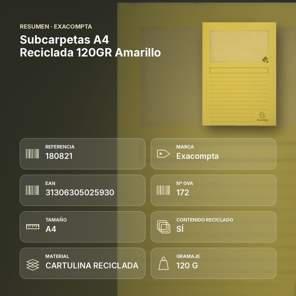 SUBCARPETAS A4 RECICLADA 120GR AMARILLO  - resumen de atributos