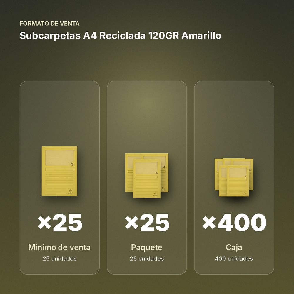 SUBCARPETAS A4 RECICLADA 120GR AMARILLO  - formato de venta: paquete de 25, caja de 400