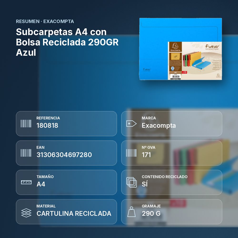 SUBCARPETAS A4 CON BOLSA RECICLADA 290GR AZUL  - resumen de atributos