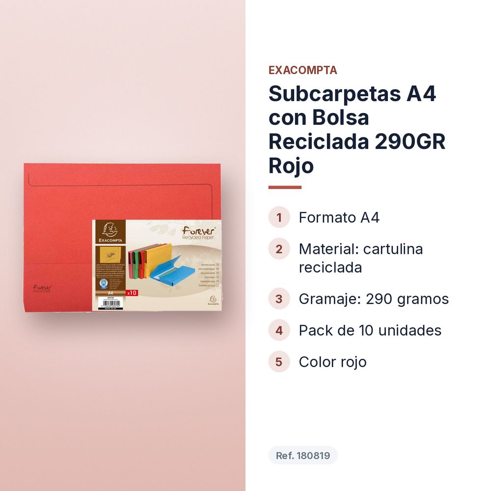 SUBCARPETAS A4 CON BOLSA RECICLADA 290GR ROJO  - características principales
