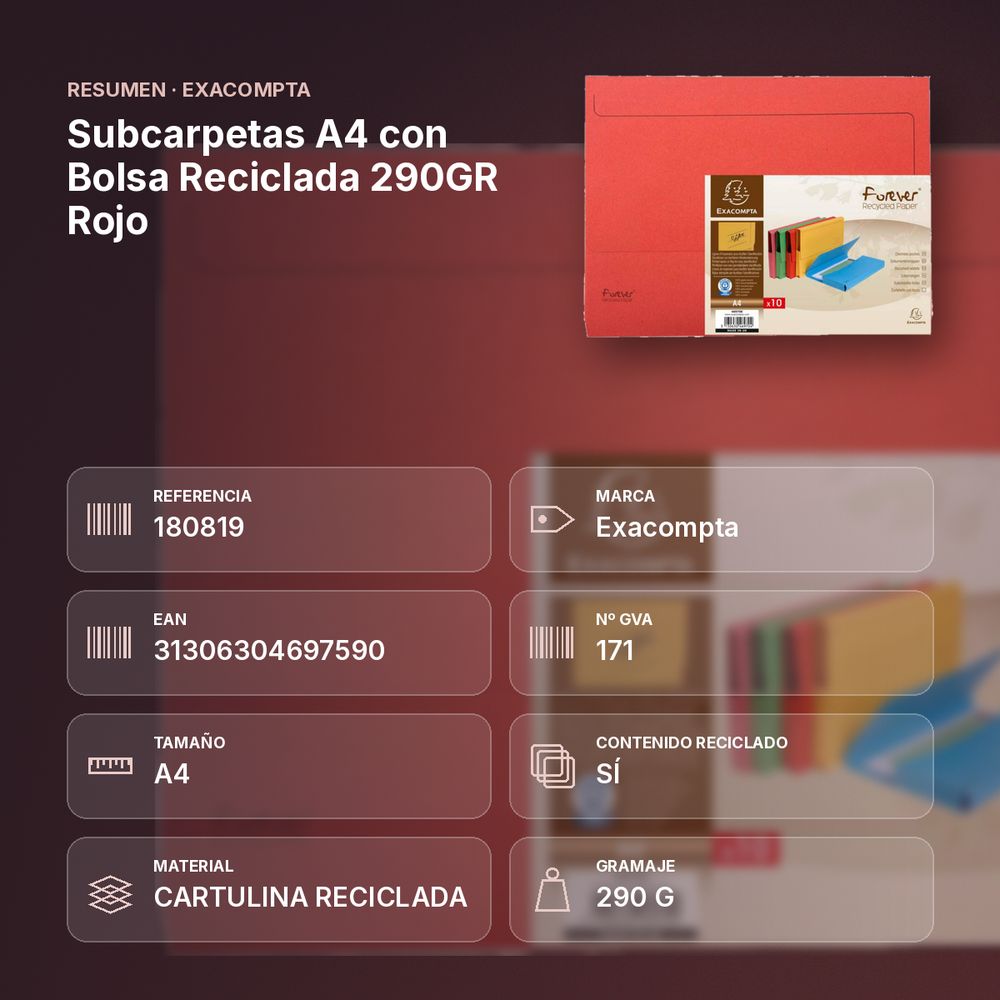 SUBCARPETAS A4 CON BOLSA RECICLADA 290GR ROJO  - resumen de atributos