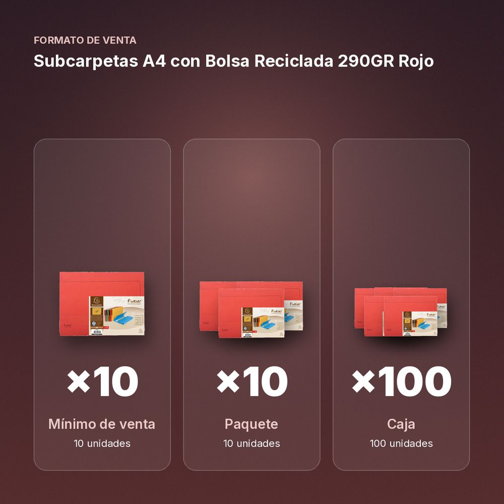SUBCARPETAS A4 CON BOLSA RECICLADA 290GR ROJO  - formato de venta: paquete de 10, caja de 100