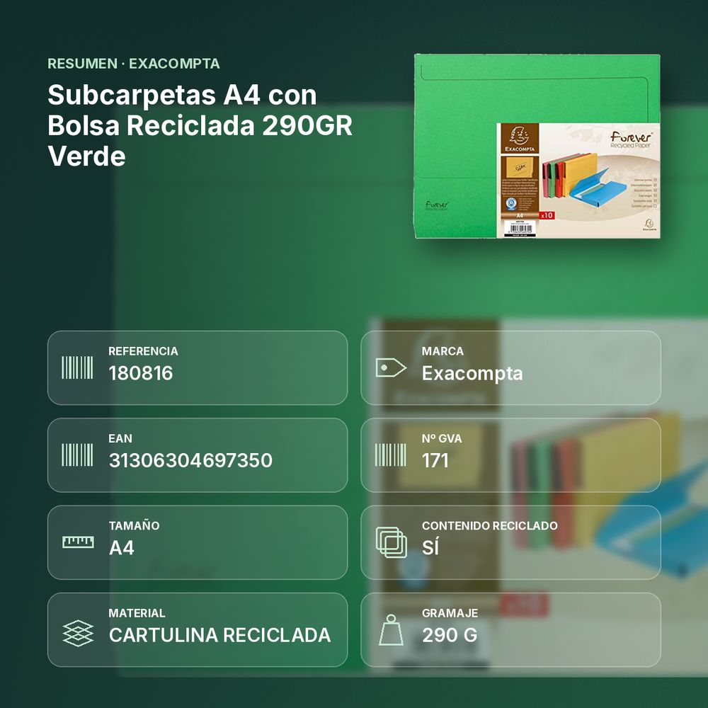 SUBCARPETAS A4 CON BOLSA RECICLADA 290GR VERDE  - resumen de atributos