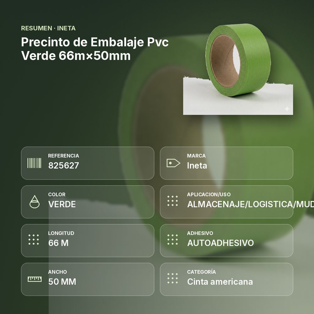 PRECINTO DE EMBALAJE PVC VERDE 66M×50MM - resumen de atributos