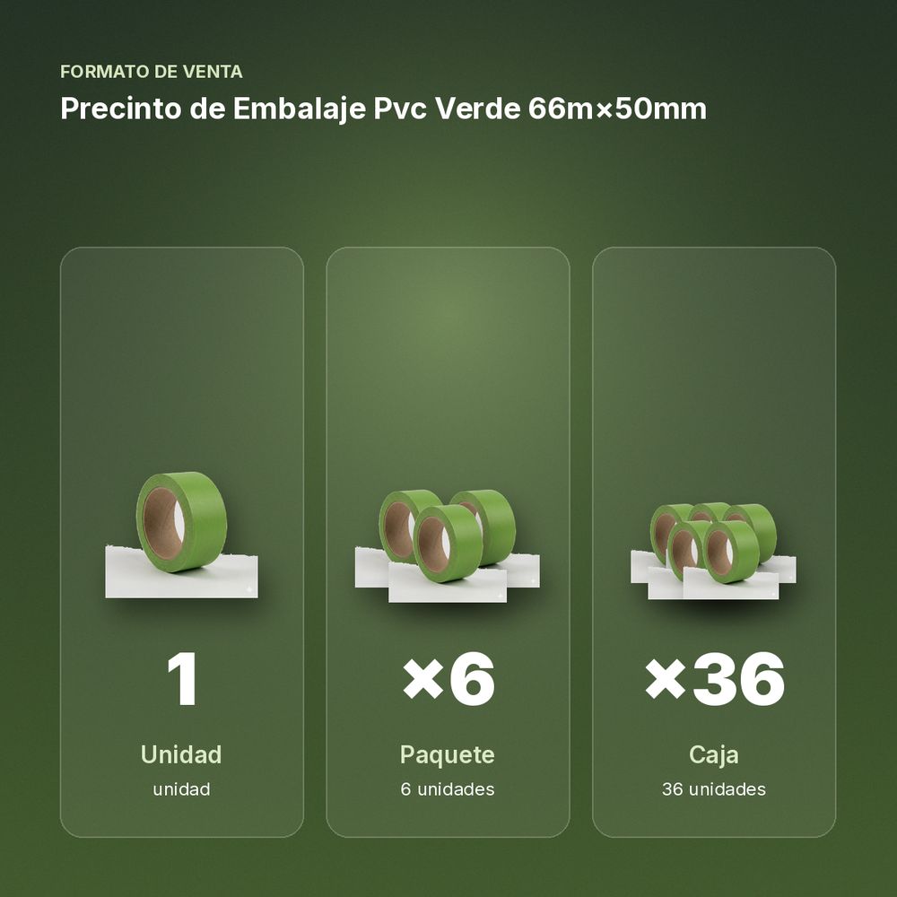 PRECINTO DE EMBALAJE PVC VERDE 66M×50MM - formato de venta: paquete de 6, caja de 36