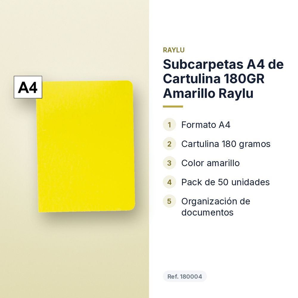 SUBCARPETAS A4 DE CARTULINA 180GR AMARILLO  RAYLU - características principales